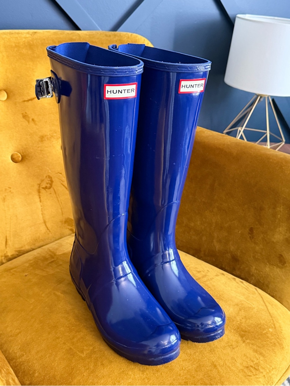 Hunter Original Tall Gloss Rain Boots Blue Adjustable Back Women’s US 7 EU 38